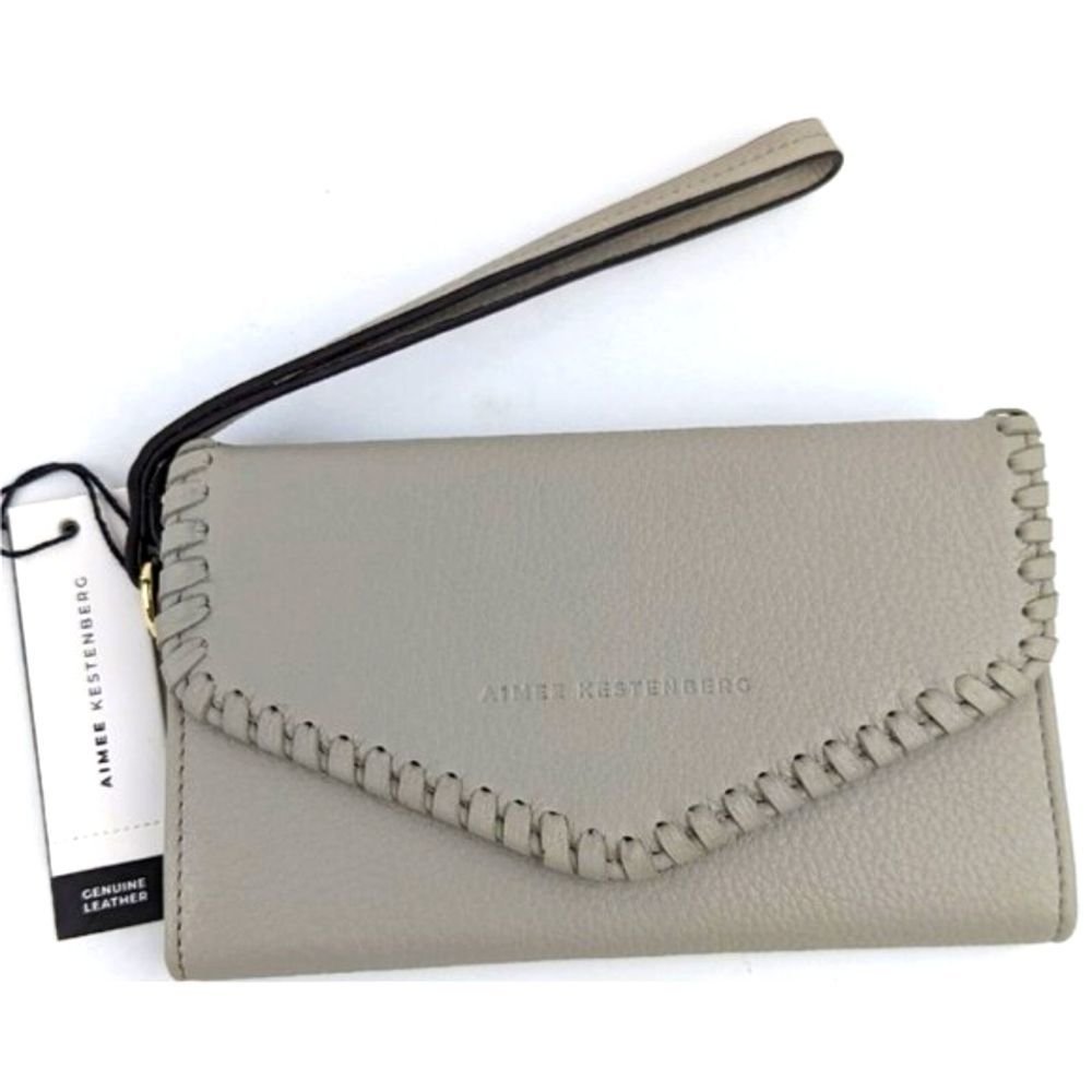 Aimee Kestenberg Beige Whipstitch Leather Wristlet Wallet